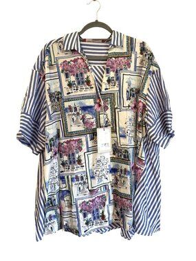 NWT Marina Rinaldi Short Sleeve Cotton Blouse Blue Stripe Size US 18 $295 [jb]
